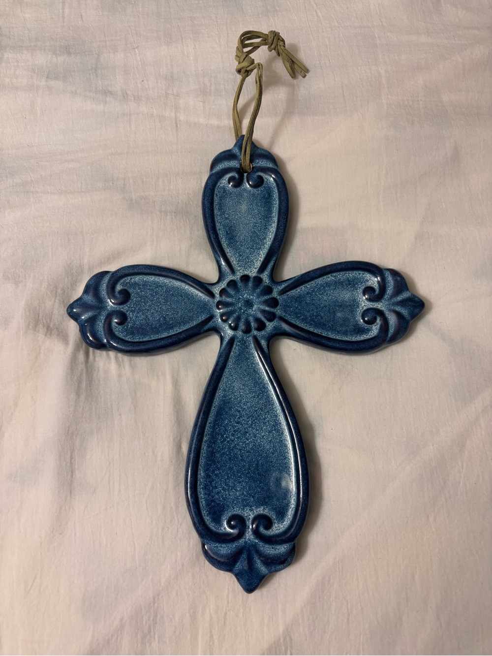 Blue Ceramic Wall Cross with Floral Center 11 1/2x9 in